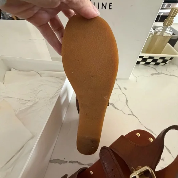 Celine Brown Leather Studded Platform Wedge Sandals - Picture 3 of 5
